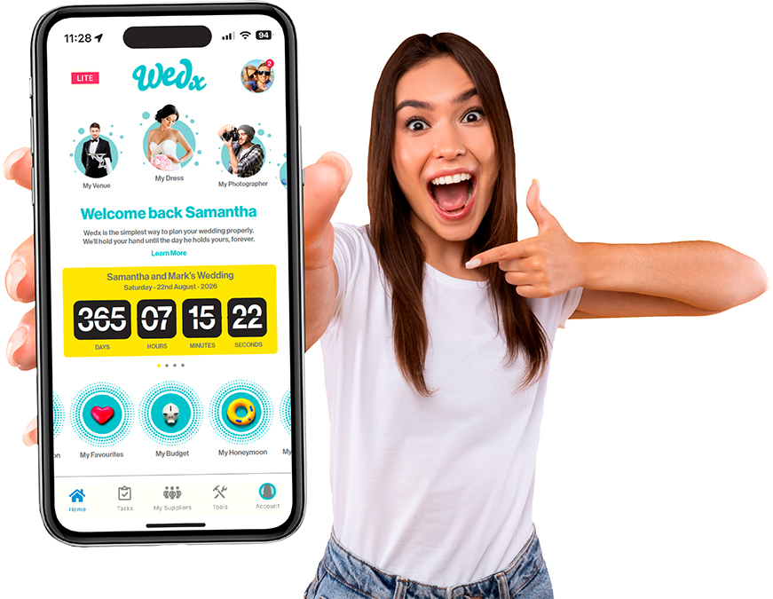 Woman showing the Confetti Group App with excited face